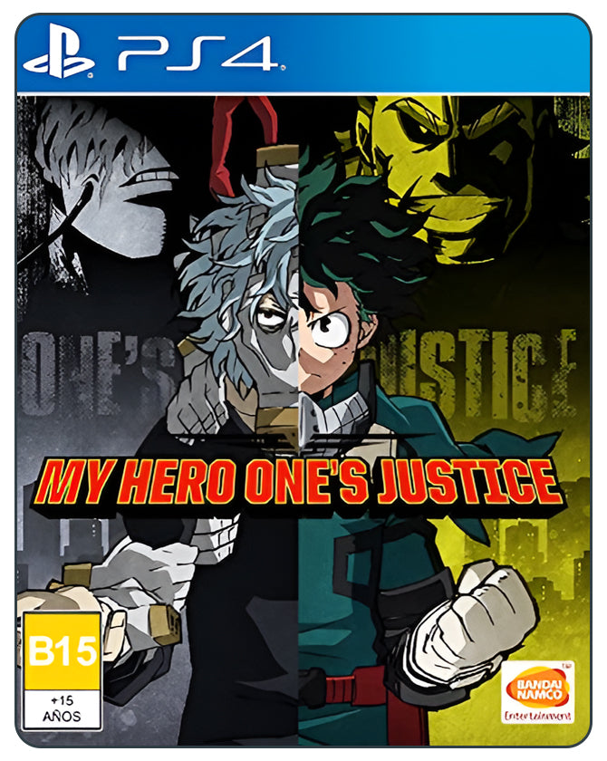 My Hero One’s Justice PS4 cover featuring anime characters like Deku and All Might in a dramatic superhero showdown.