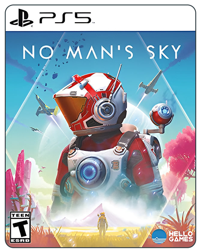 No Man's Sky PS5 cover featuring colorful alien landscapes, a space explorer, spacecraft, and strange creatures.