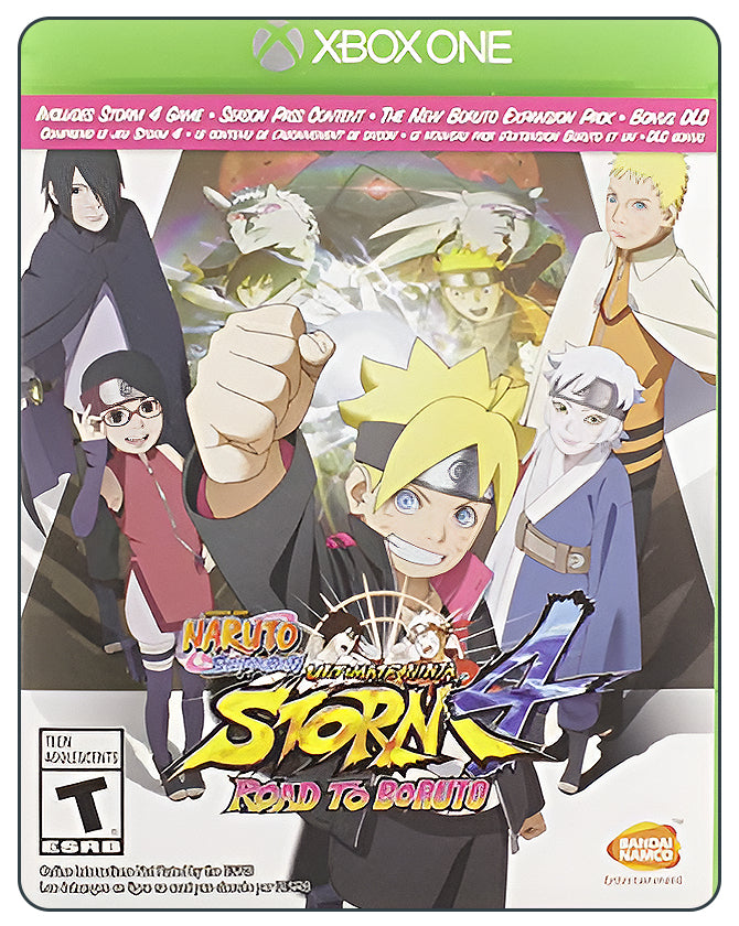 Naruto Ultimate Ninja Storm 4 Road to Boruto Xbox One cover featuring Naruto and Boruto in high-energy anime-style battles.
