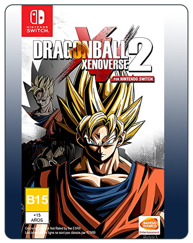 Dragon Ball Xenoverse 2 Switch cover with Goku and other characters in epic anime-style combat.