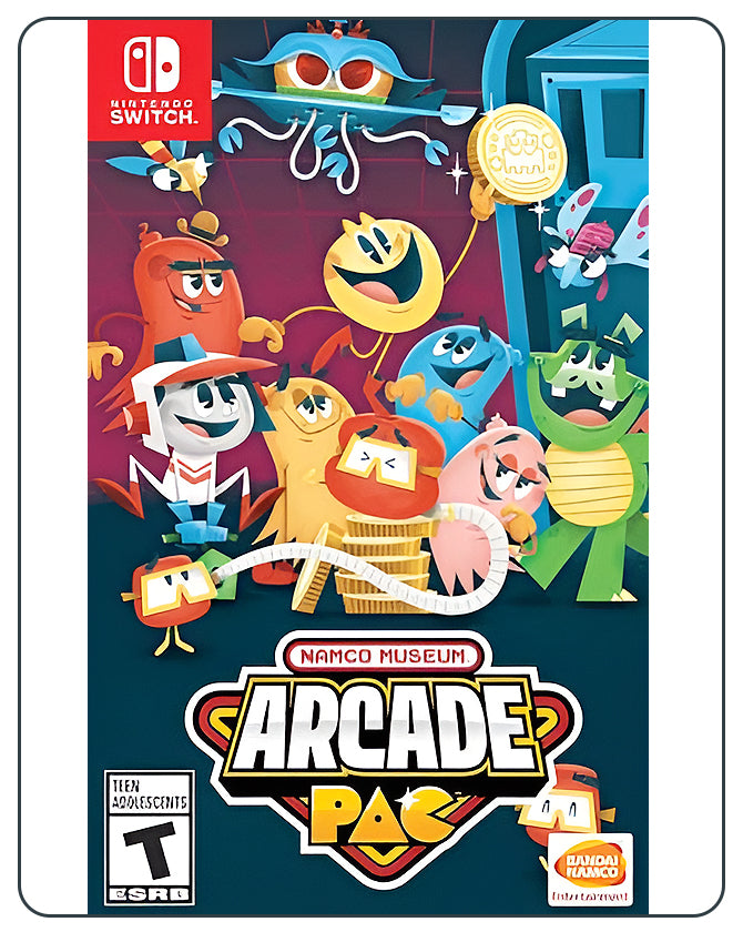 Namco Museum Arcade Pac Nintendo Switch cover with retro arcade game characters like Pac-Man, Galaga, and Dig Dug.