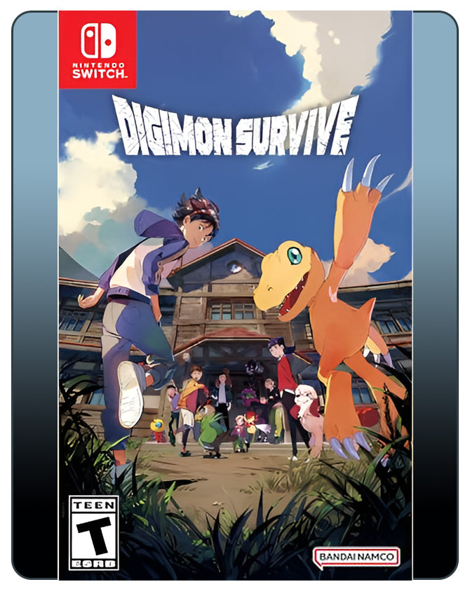 Digimon Survive Switch cover with anime-style characters and digital monsters in strategy RPG adventure.