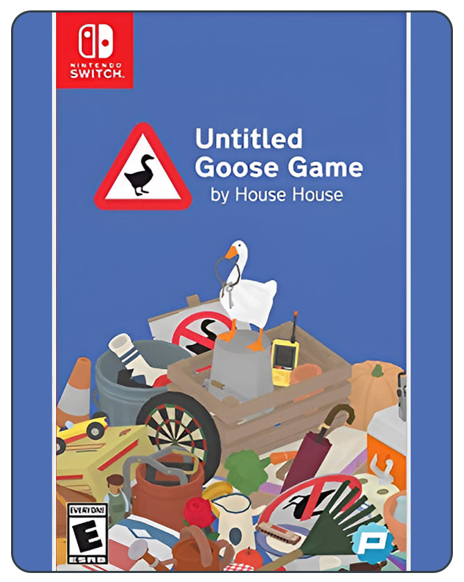 Untitled Goose Game Switch cover with a cartoon goose causing playful chaos in a village, highlighting stealth and humor.