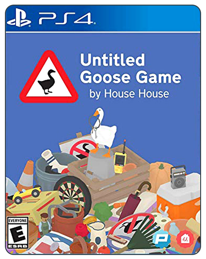 PS4 cover for Untitled Goose Game with a cartoon goose holding a bell, symbolizing quirky and mischievous gameplay.