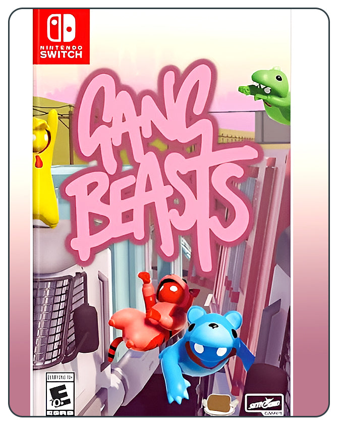 Gang Beasts Switch game cover featuring colorful, gelatinous characters brawling in a silly multiplayer setting.
