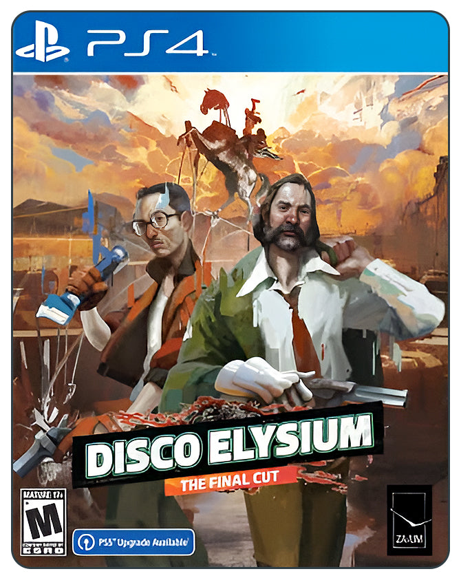 Disco Elysium Final Cut PS4 cover featuring stylized art of detectives in a deep narrative RPG with choices and philosophical depth.