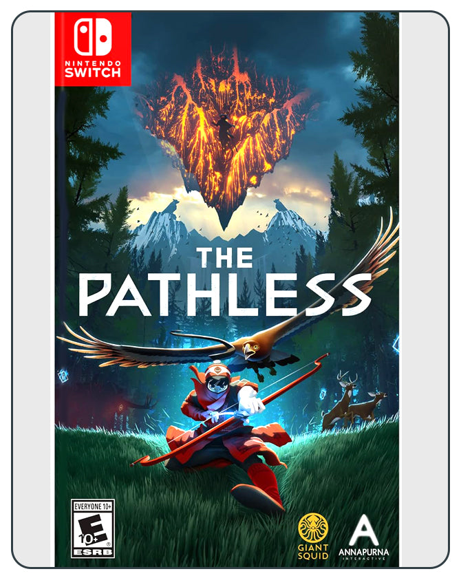 The Pathless Nintendo Switch game cover featuring a mystical archer and eagle in a vast, atmospheric open world