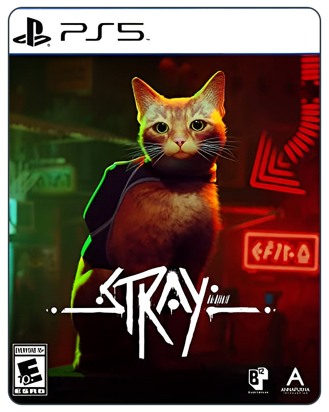 Stray PS4 game cover featuring an orange cat with a backpack exploring neon-lit futuristic cityscapes and dark alleys.