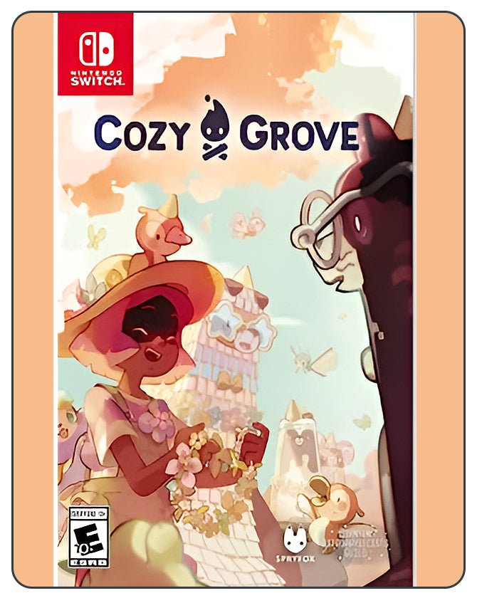Cozy Grove Nintendo Switch cover showing a tiny spirit scout on a haunted island with hand-drawn cozy and spooky vibes.