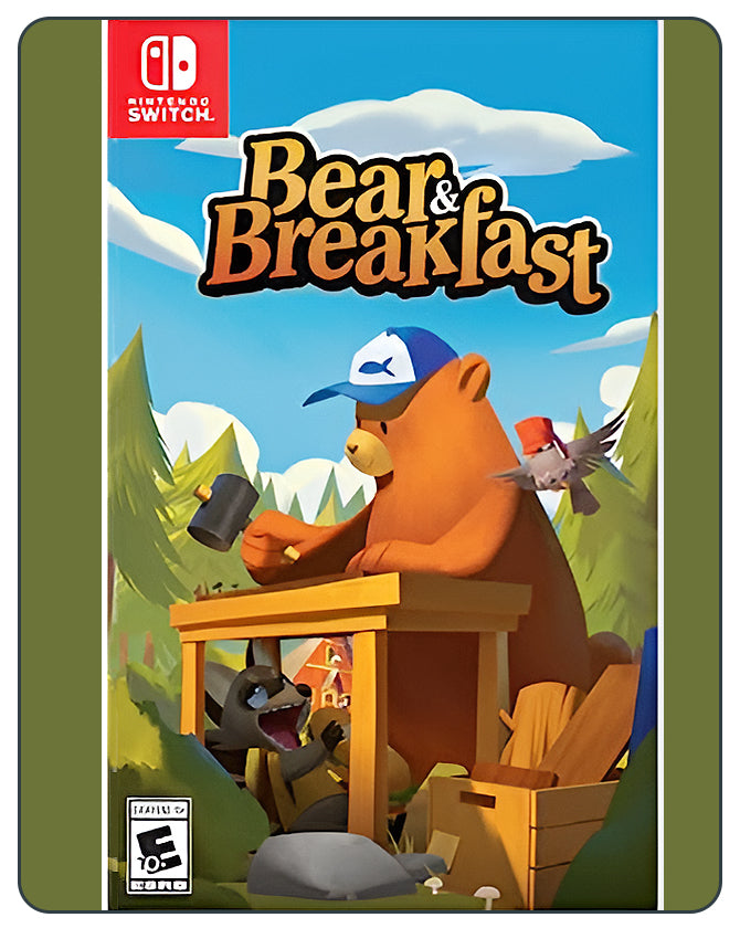 Bear and Breakfast Switch cover with a cartoon bear managing a cozy inn in the forest, blending humor and casual strategy.