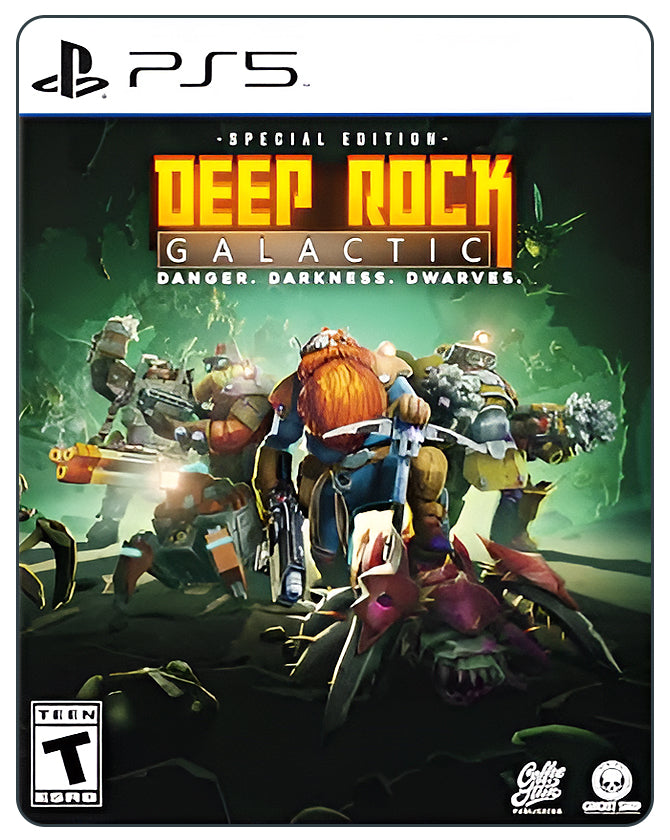 Deep Rock Galactic PS5 cover showing space dwarves armed for combat in colorful alien caves full of monsters and crystals.