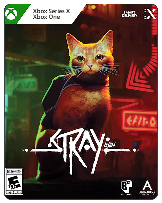 Stray Xbox cover with orange cat and glowing neon cityscape, blending adventure with cyberpunk mystery.