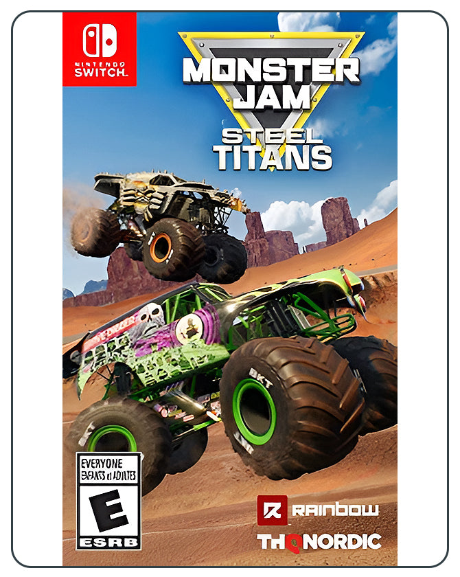 Monster Jam Steel Titans Switch cover with massive monster trucks performing stunts and racing in dirt-packed arenas.