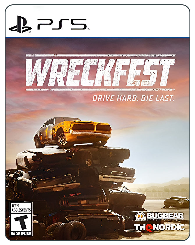 Wreckfest PS5 game cover featuring high-speed demolition racing, crashing cars, and realistic racing destruction