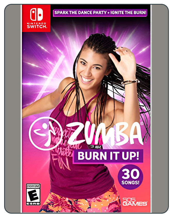 Zumba: Burn it Up! Switch cover showing a dancer mid-move, highlighting fun cardio workouts with real-life Zumba routines.