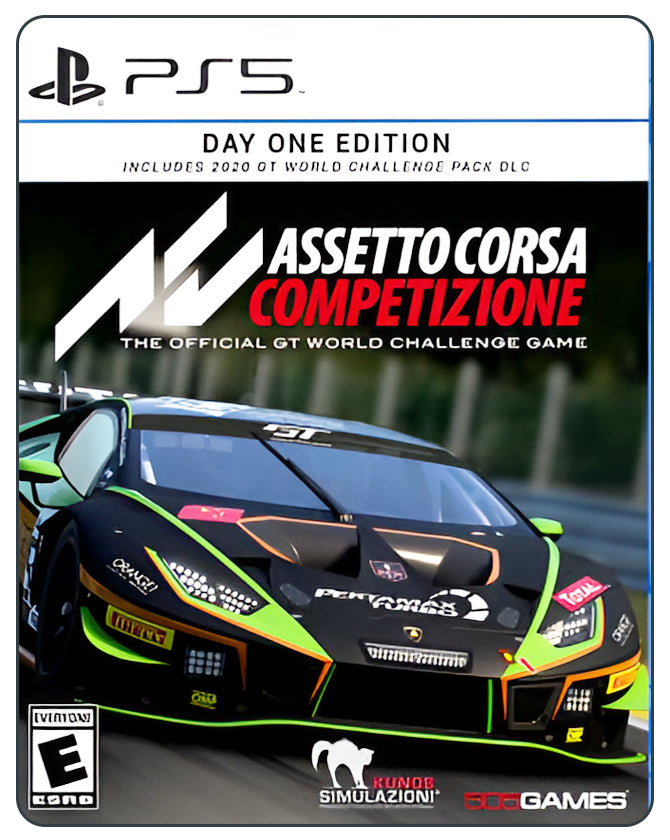 Assetto Corsa Competizione PS5 cover with sleek race car and realistic motorsport imagery for Day One Edition.