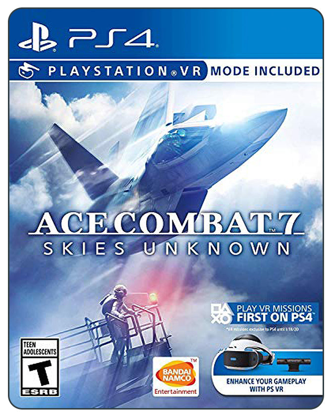 Ace Combat 7: Skies Unknown PS4 cover showing a fighter jet, VR support badge, and Teen ESRB rating.