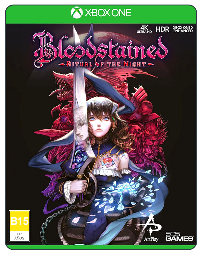 Bloodstained: Ritual of the Night Xbox One cover featuring gothic art, magical combat, and Metroidvania-style gameplay