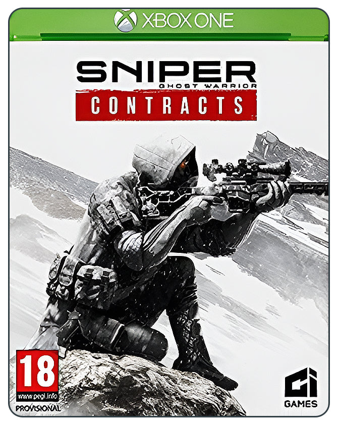 Sniper Ghost Warrior Contracts Xbox One cover featuring a masked sniper in snowy terrain with weapons and stealth gear.