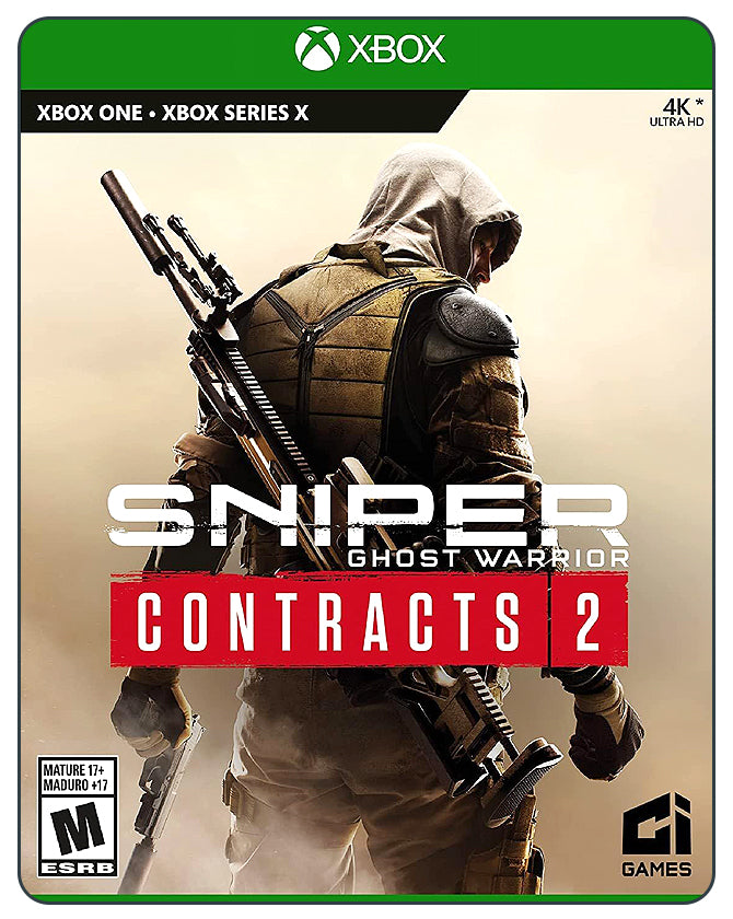 Sniper Ghost Warrior Contracts 2 Xbox cover with a masked sniper aiming in a desert setting, focused on long-range combat.