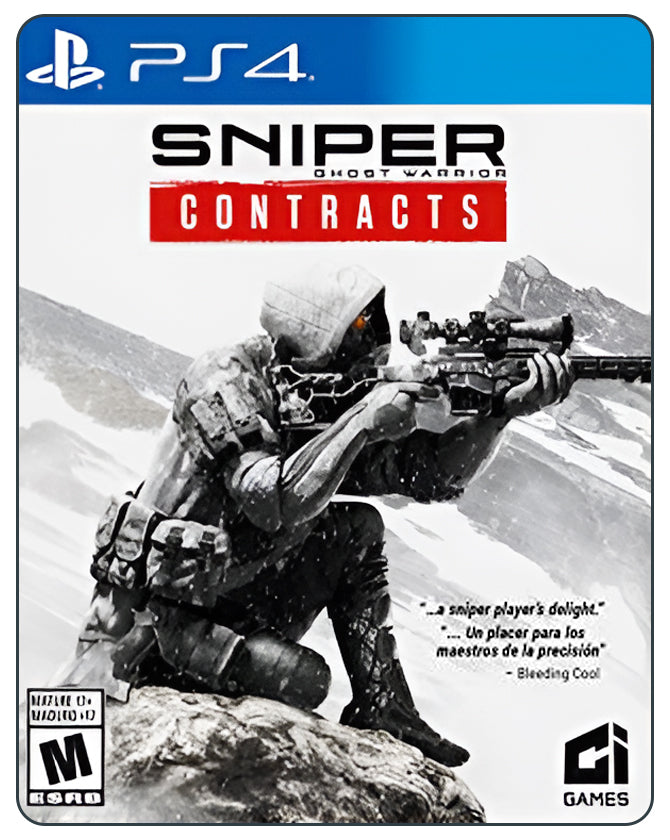 Sniper Ghost Warrior Contracts PS4 cover showing a stealth sniper in tactical gear ready for long-range mission execution.