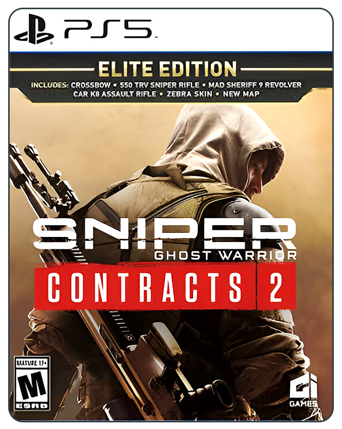 Sniper Ghost Warrior Contracts 2 PS5 cover featuring a tactical sniper in desert gear, highlighting long-range stealth missions.