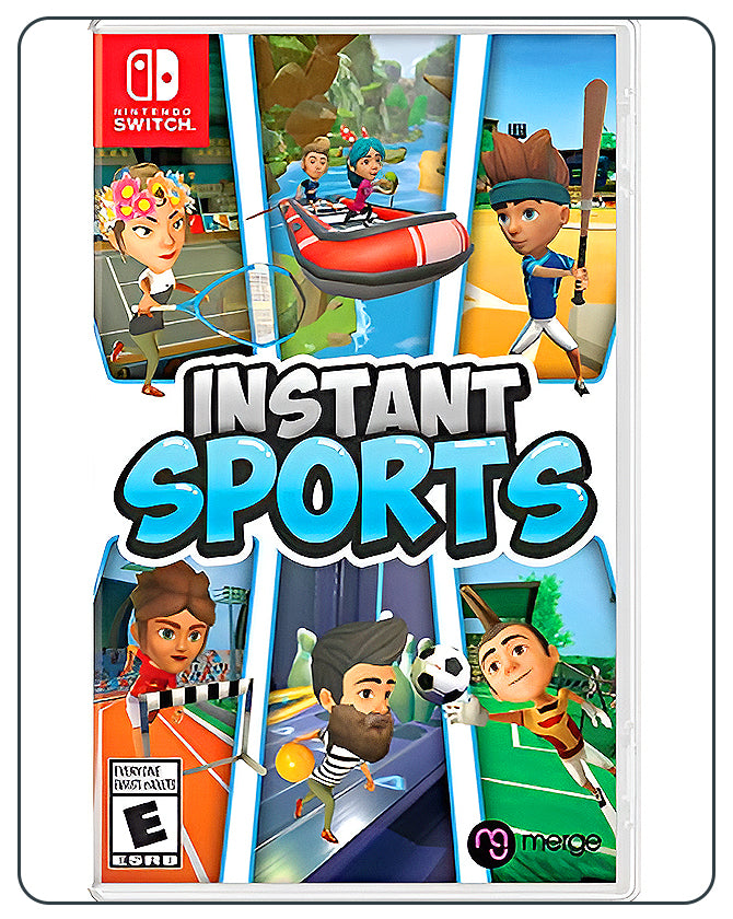 Instant Sports Switch cover featuring cartoon athletes playing various fun mini-games like soccer, tennis, and bowling.