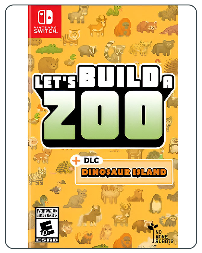 Lets Build a Zoo Switch cover with cute pixel animals and zookeepers, highlighting management, breeding, and creativity.