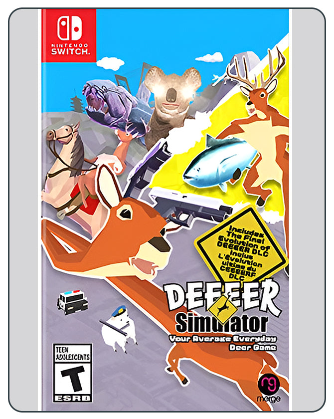 Deeeer Simulator: Your Average Everyday Deer Game cover for Nintendo Switch featuring wacky open-world deer chaos