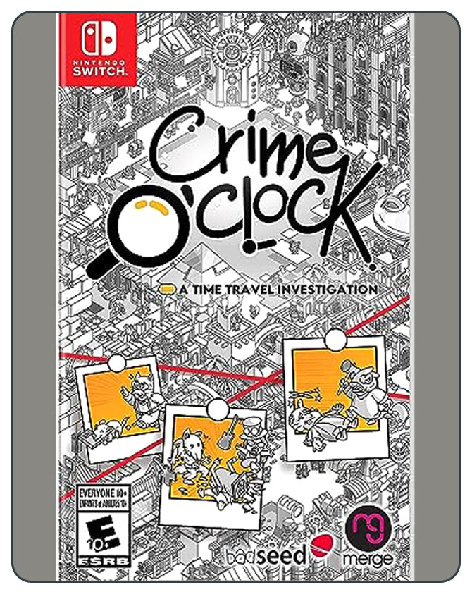 Crime O’ Clock Switch cover with mystery-themed artwork, highlighting time-travel detective puzzles and investigation gameplay.