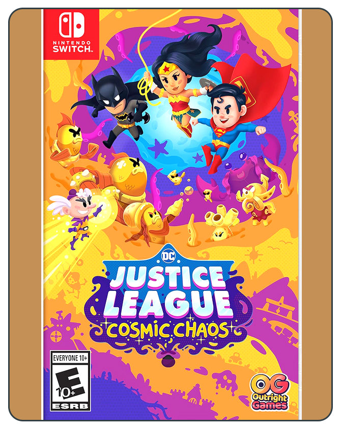 Justice League: Cosmic Chaos Switch cover featuring chibi versions of Superman, Batman, and Wonder Woman in action.