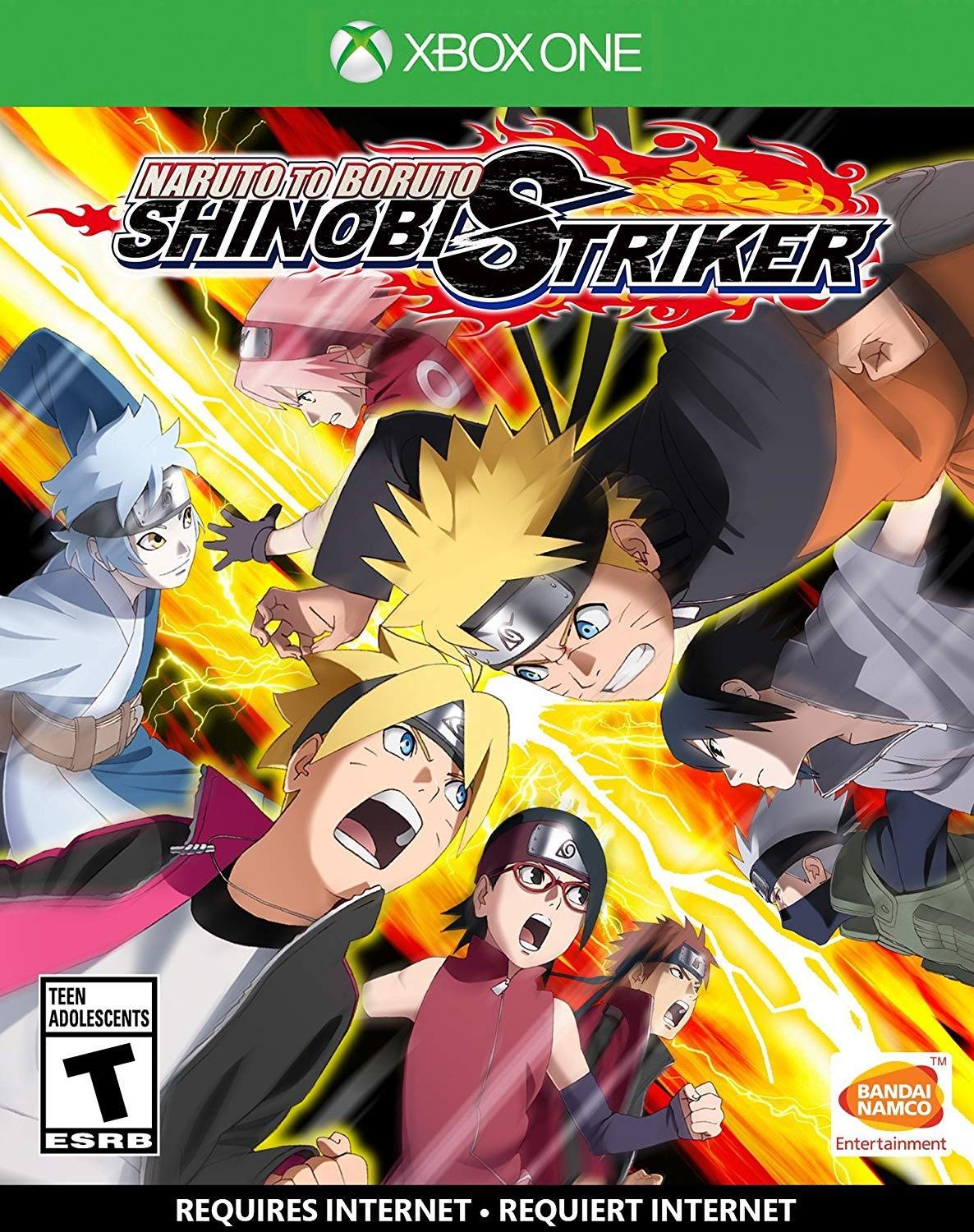 Naruto to Boruto: Shinobi Striker Xbox One cover with anime characters in mid-battle pose using ninja skills and chakra powers.