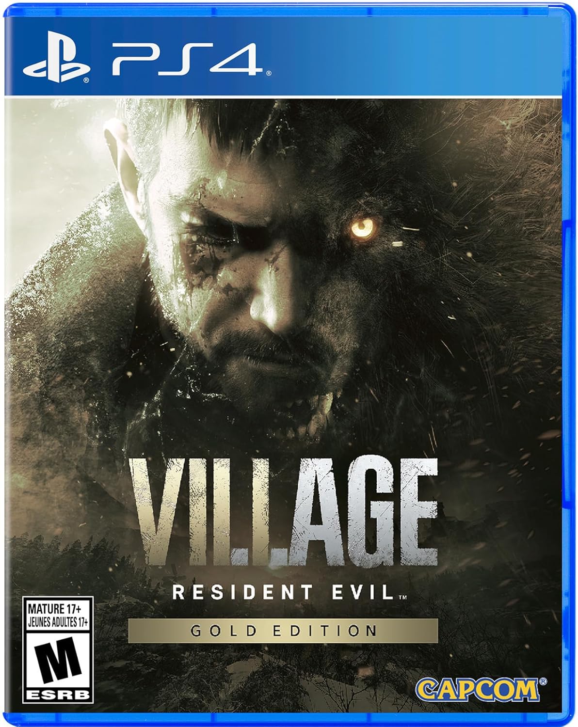 Resident Evil: Village Gold Edition PS4 cover featuring Ethan Winters and a looming werewolf in a snowy horror setting.