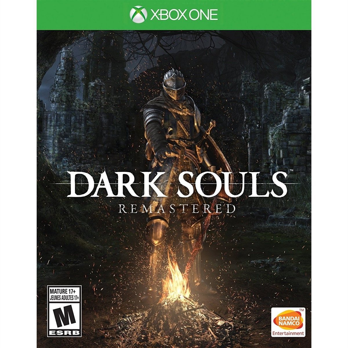 Dark Souls Remastered Xbox One cover showing a lone knight in armor with sword lit by a bonfire in a dark fantasy world.