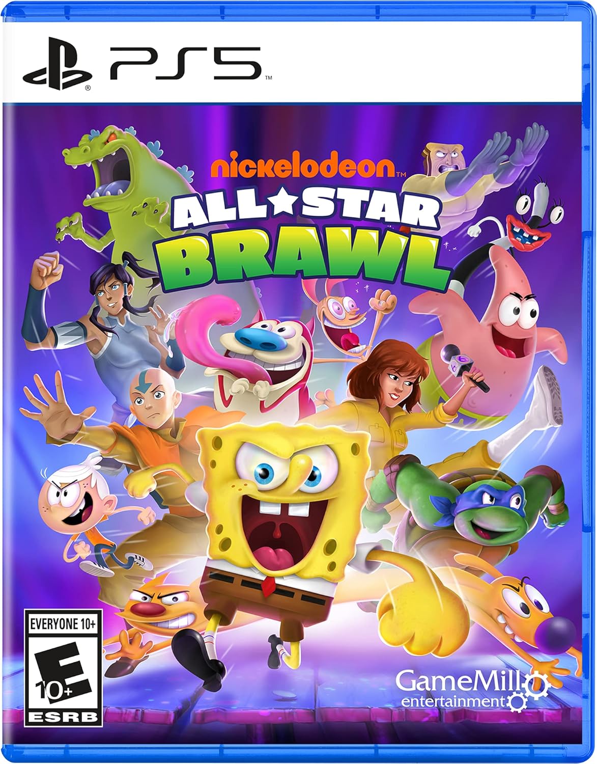 Nickelodeon All Star Brawl PS5 cover with cartoon characters like SpongeBob and TMNT in a colorful fighting game lineup.