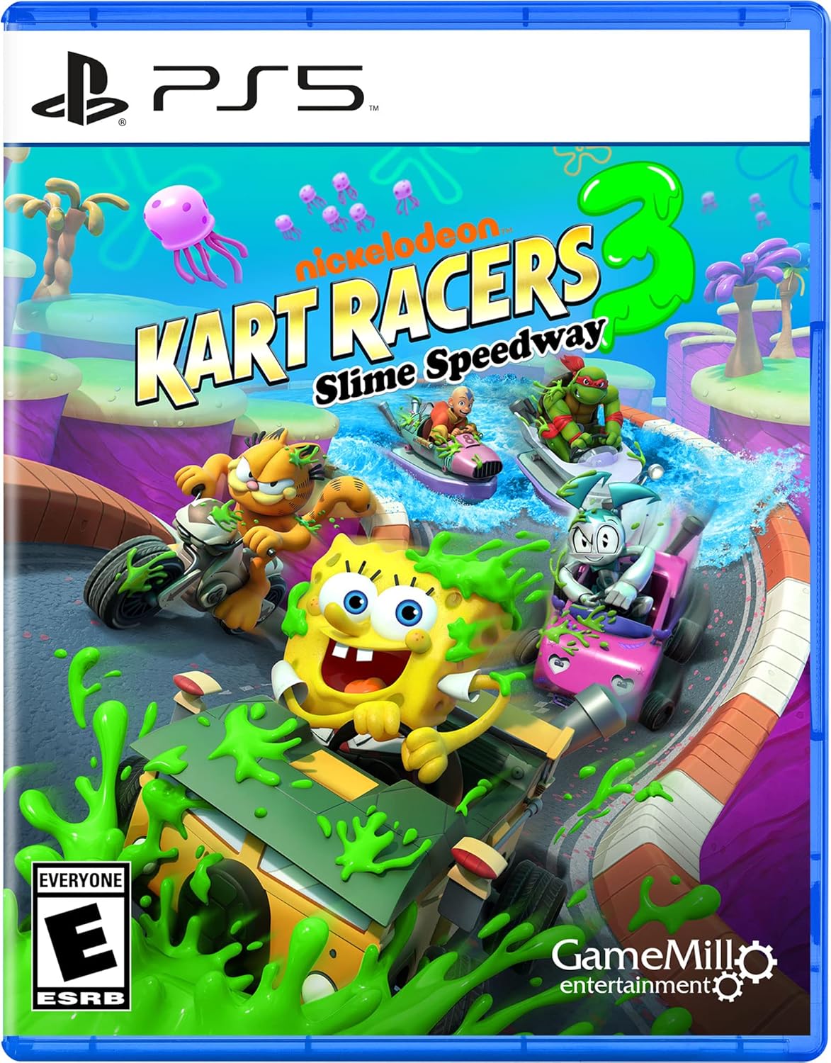 Nickelodeon Kart Racers 3 PS5 cover with animated characters like SpongeBob racing in wild tracks full of power-ups and action.