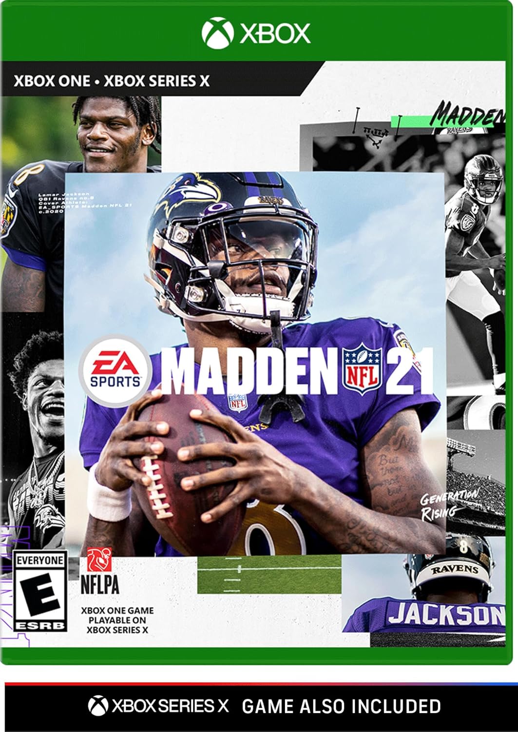 Madden NFL 21 Xbox One cover showing a football quarterback mid-throw with dynamic stadium background and bold graphics.