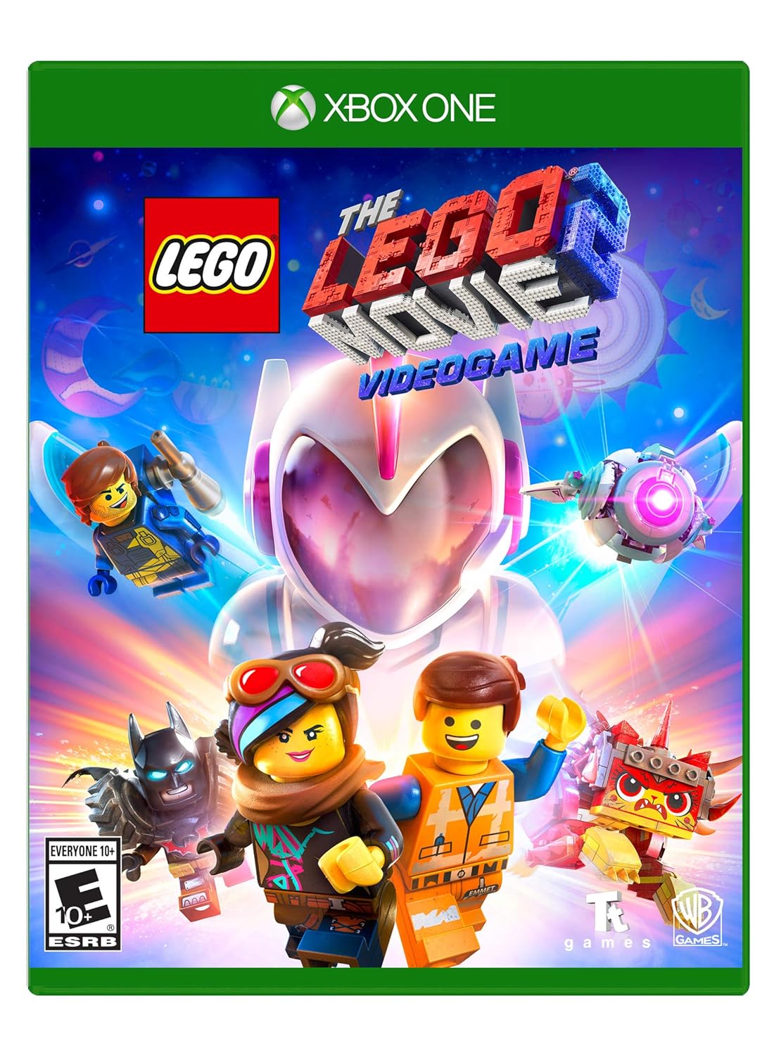 LEGO Movie 2 Videogame Xbox One cover featuring Emmet and friends in a fun, action-packed brick-building adventure