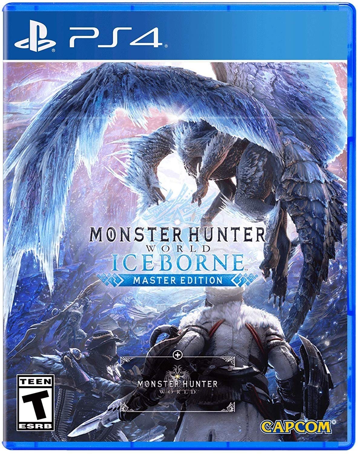 Monster Hunter World: Iceborne PS4 cover with a hunter and icy dragon, highlighting epic battles in a frozen expansion world.