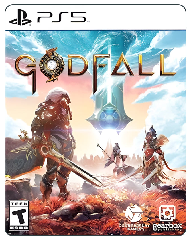 Godfall PS5 cover with armored knight wielding mystical blade in high-fantasy, loot-filled action RPG setting.