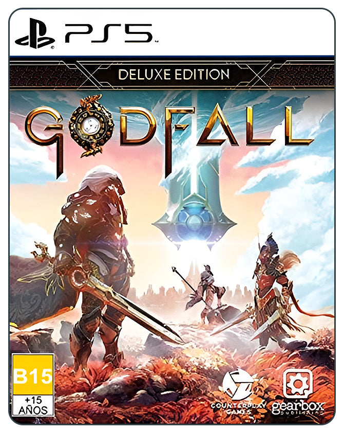 Godfall Deluxe Edition PS5 cover featuring armored warriors in a fantasy setting with high-action combat and loot-driven gameplay.