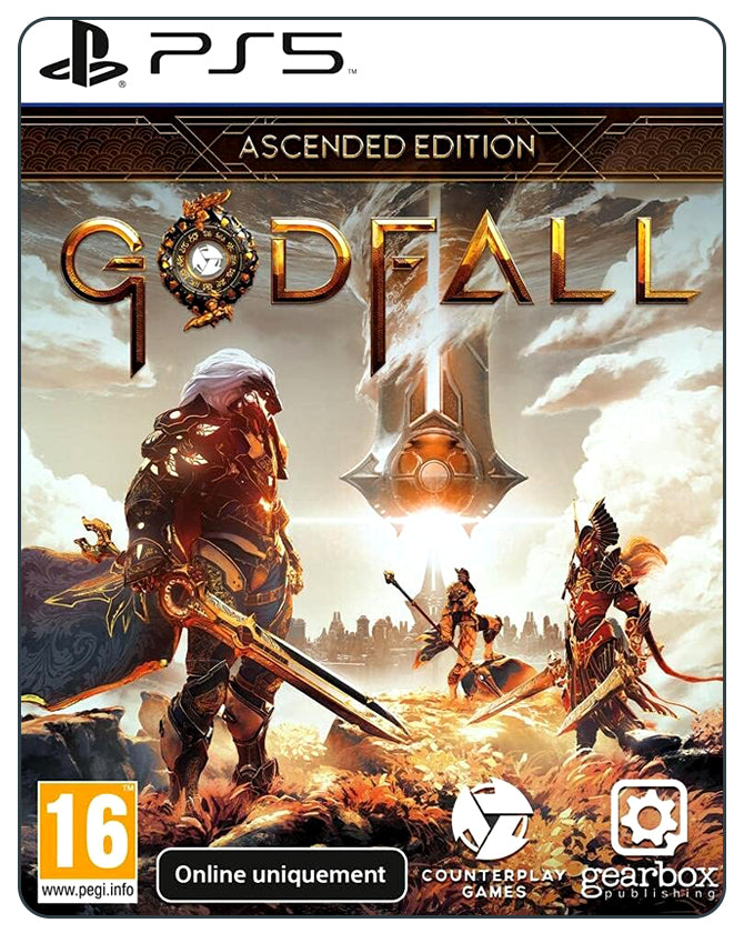 Godfall Ascended Edition PS5 cover featuring a powerful warrior in ornate armor within a mythic, high-fantasy battle world.