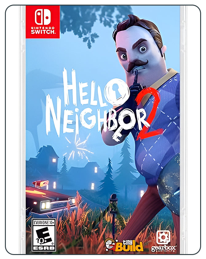 Hello Neighbor 2 Nintendo Switch game cover featuring mysterious stealth adventure with cartoon-style suspense art