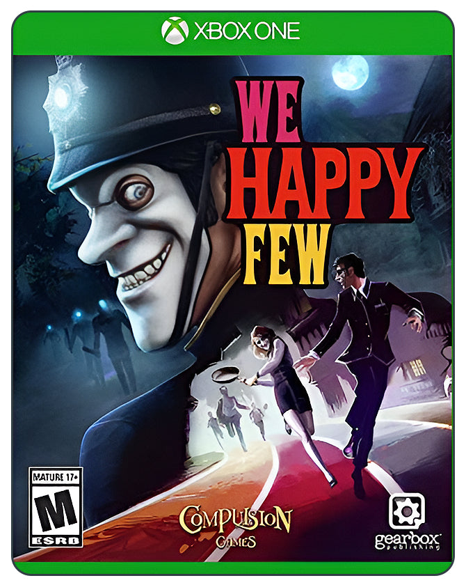 We Happy Few Xbox One game cover featuring dystopian survival adventure with masked characters and eerie visuals