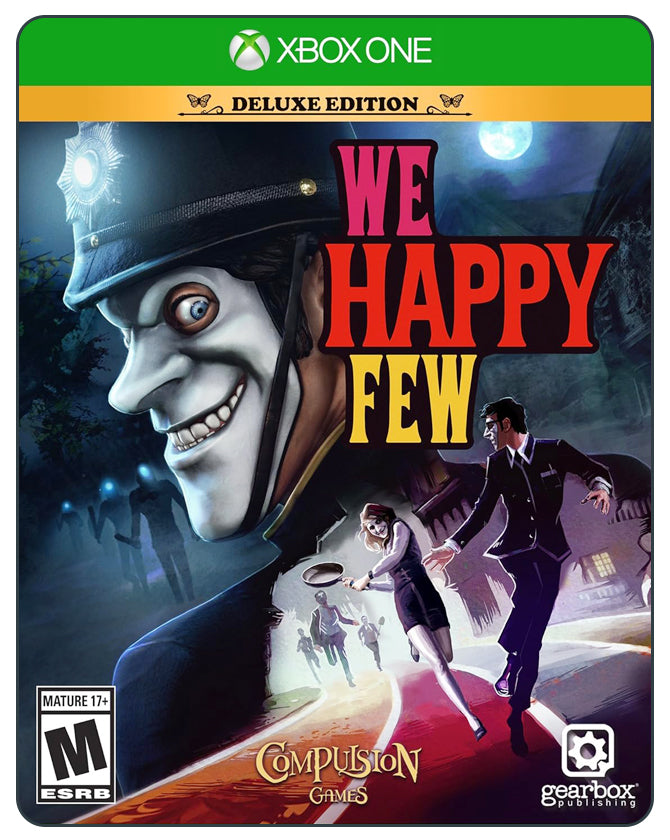 We Happy Few Deluxe Xbox cover with eerie masked characters in dystopian England setting.