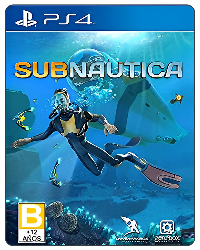 Subnautica PS4 cover showing a diver exploring an alien ocean world filled with vibrant sea creatures and survival elements.