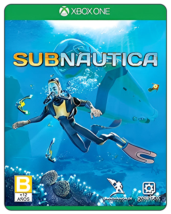 Subnautica Xbox One game cover featuring an underwater diver navigating alien ocean worlds filled with sea creatures.