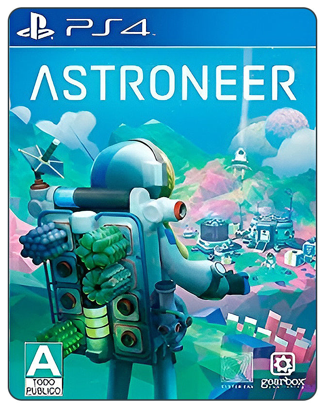 Astroneer PS4 game cover featuring colorful space exploration, planetary adventure, and sci-fi sandbox gameplay
