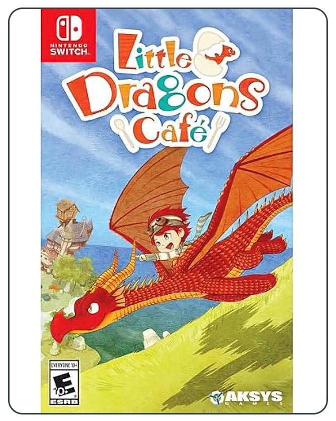 Little Dragon Café Switch cover with charming hand-drawn art showing kids, dragons, and a cozy countryside café setting.