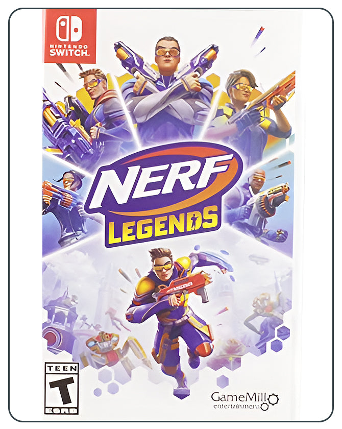 Nerf Legends Switch cover with futuristic warriors using Nerf blasters in bright arenas for action-packed shooting fun.